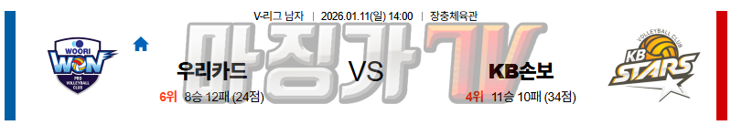 2026-01-11 V-리그 남자부 우리카드 KB 손해보험 국내농구/배구분석 무료중계 스포츠분석 관련 이미지