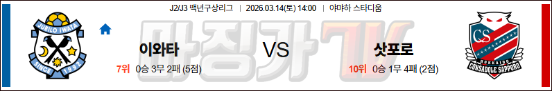 2026-03-14 J리그 2 주빌로 이와타 콘사도레 삿포로 K리그/J리그분석 무료중계 스포츠분석 관련 이미지